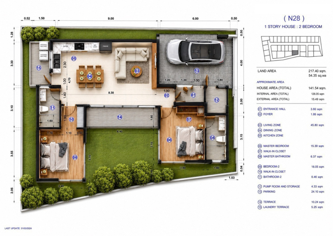 Floor plan for villa 28 with two bedrooms and two bathrooms, without the optional pool