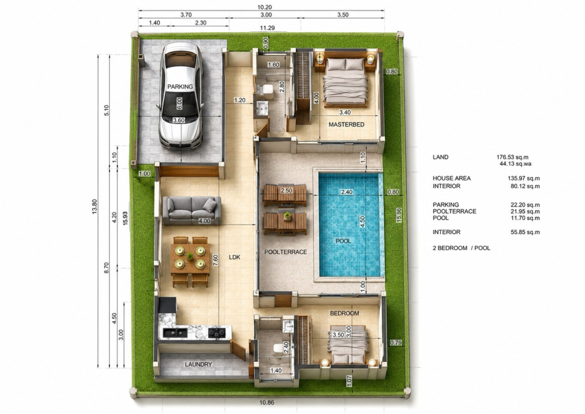 Floor plan for villas 21 and 23 with two bedrooms, two bathrooms and a private pool