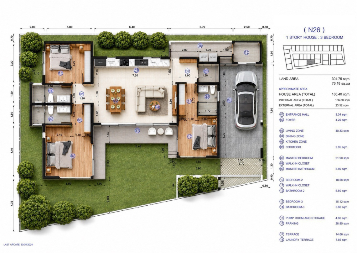 Floor plan for villa 26 with three bedrooms and three bathrooms, without the optional pool