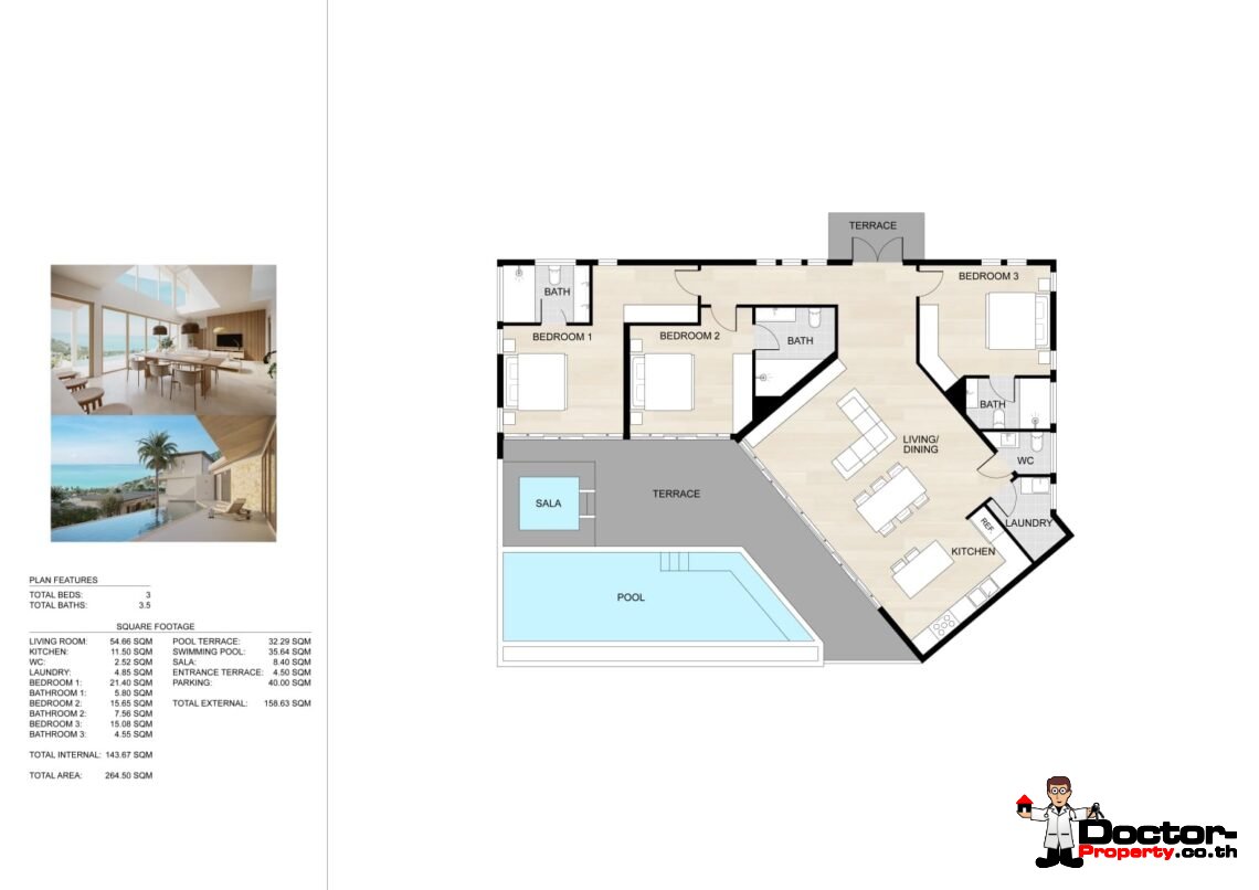 3 Bedroom Pool Villa with Partial Sea View in Bo Phut, Koh Samui – For Sale