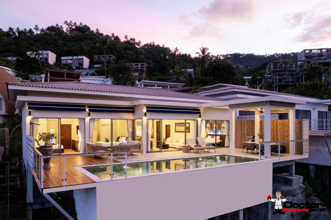 Modern 4 Bedroom Pool Villa with Partial Sea View in Chaweng Noi, Koh Samui – For Sale
