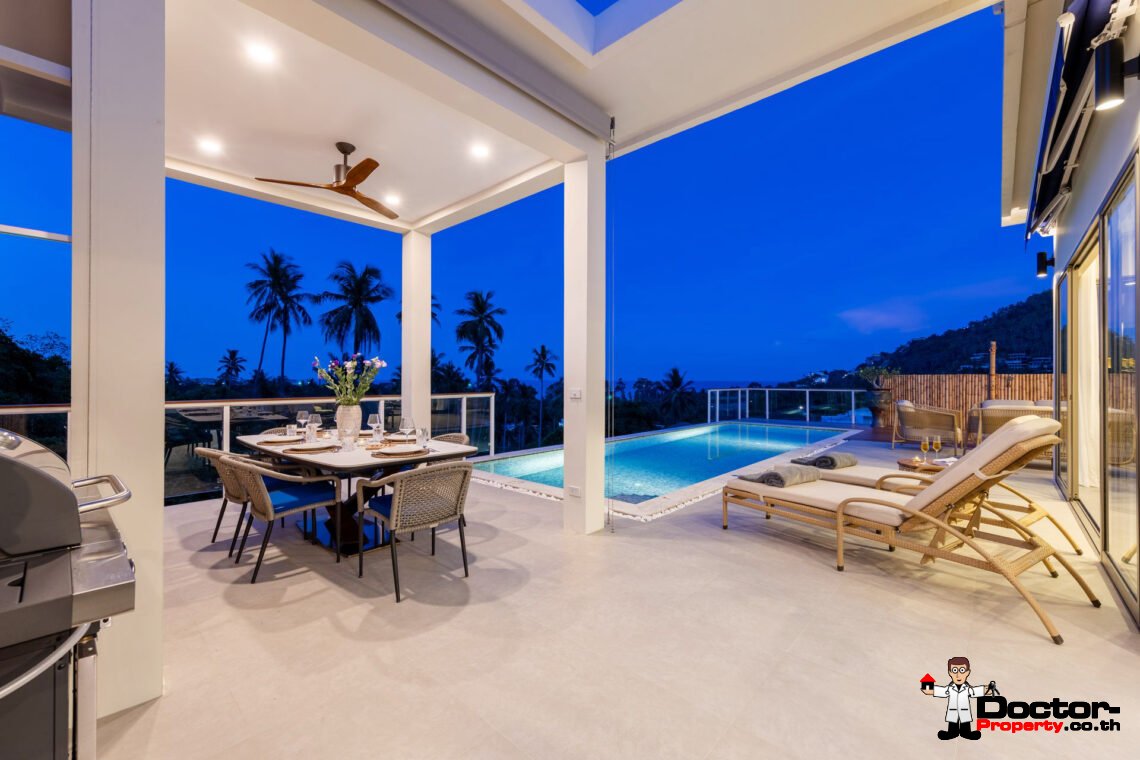 Modern 4 Bedroom Pool Villa with Partial Sea View in Chaweng Noi, Koh Samui – For Sale