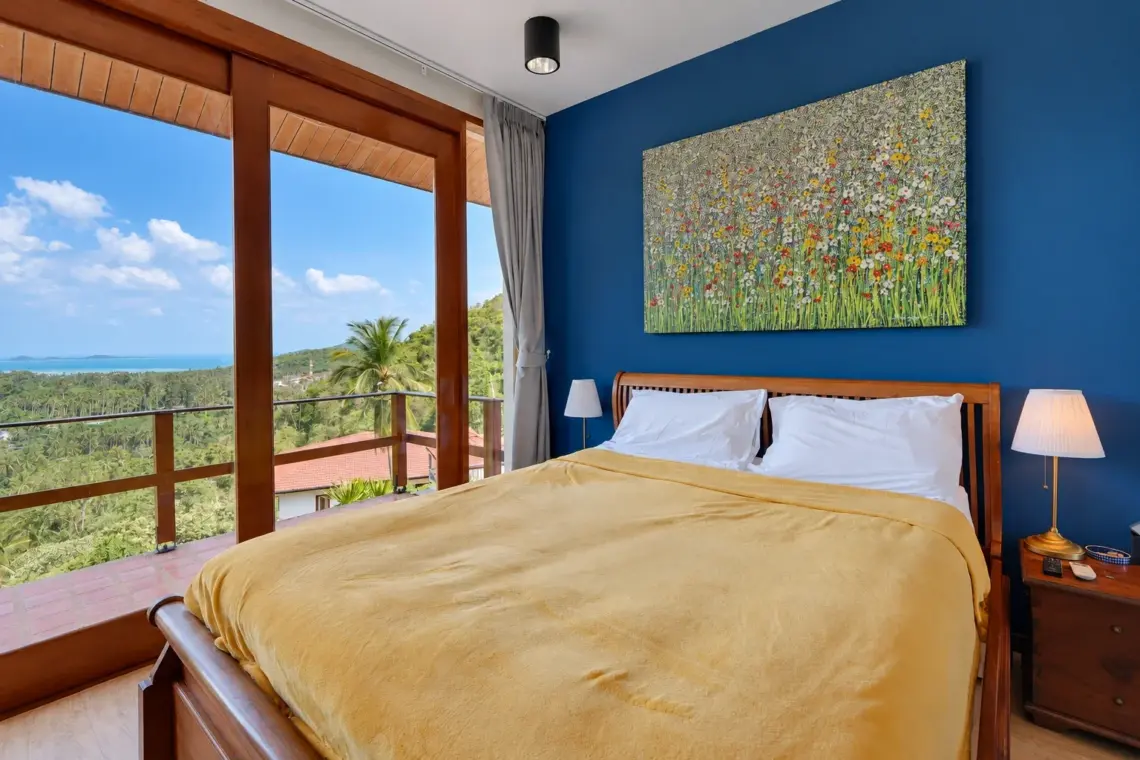 Blue bedroom at the villa in Taling Ngam, Koh Samui
