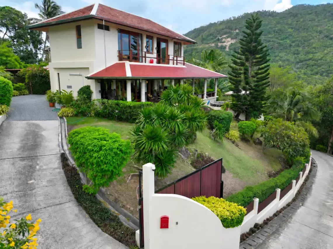 Garden and driveway aerial at the villa in Taling Ngam, Koh Samui
