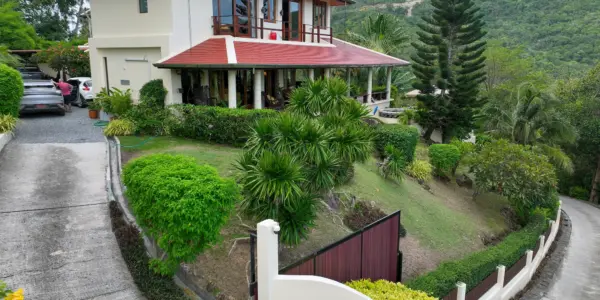 Garden and driveway aerial at the villa in Taling Ngam, Koh Samui
