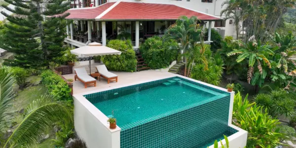Aerial view of the villa, swimming pool and sun terrace in Taling Ngam, Koh Samui