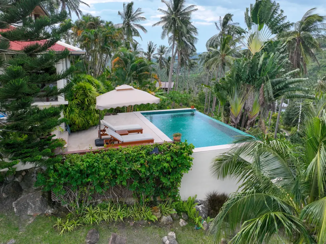 Villa and pool aerial at the villa in Taling Ngam, Koh Samui