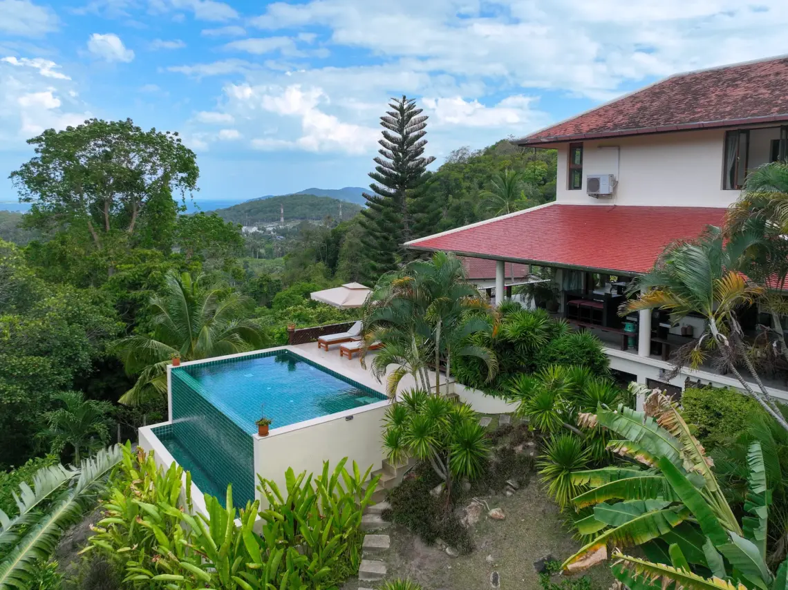 Villa and pool aerial at the villa in Taling Ngam, Koh Samui