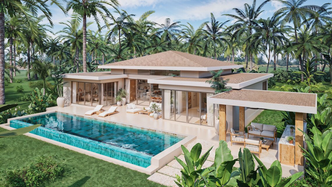 Architectural render of the three-bedroom villa and private pool in Mae Nam, Koh Samui