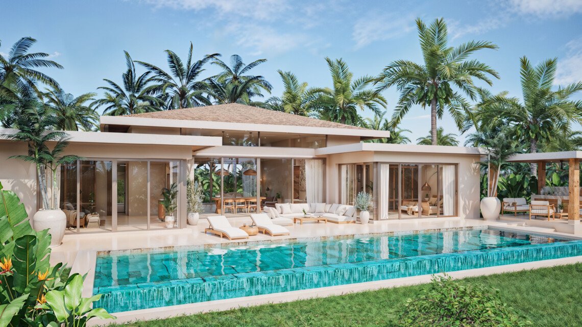 Architectural render of the villa facade, pool terrace and private swimming pool