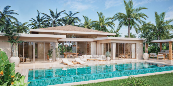 Architectural render of the villa facade, pool terrace and private swimming pool