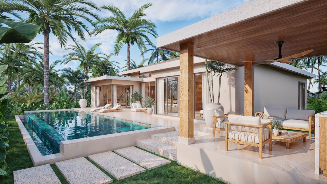Architectural render of the poolside sala and villa terrace