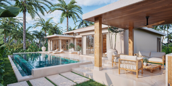 Architectural render of the poolside sala and villa terrace