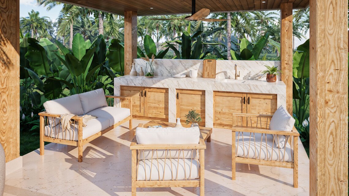 Architectural render of the covered sala with seating and outdoor kitchen