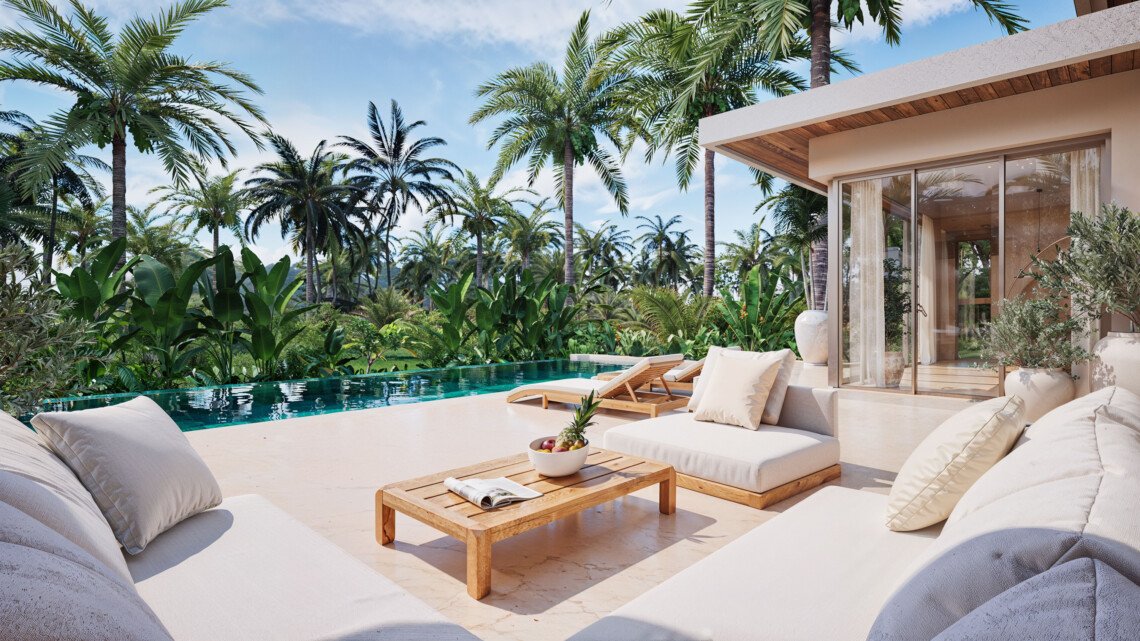 Architectural render of the poolside terrace with outdoor lounge seating