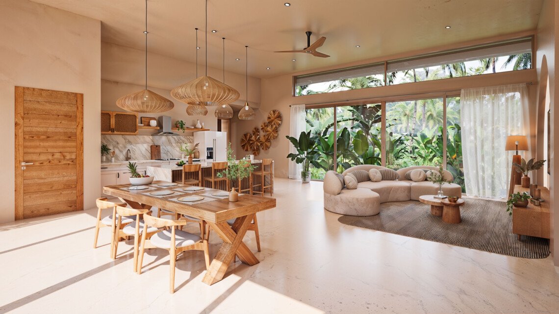 Architectural render of the open-plan dining area, kitchen and living room
