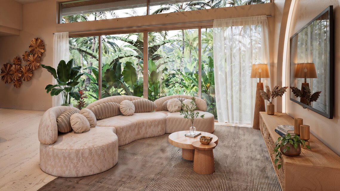 Architectural render of the living room with curved sofa and full-height glazing