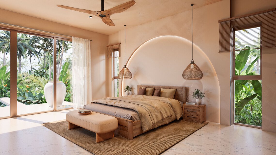 Architectural render of a bedroom opening onto the terrace