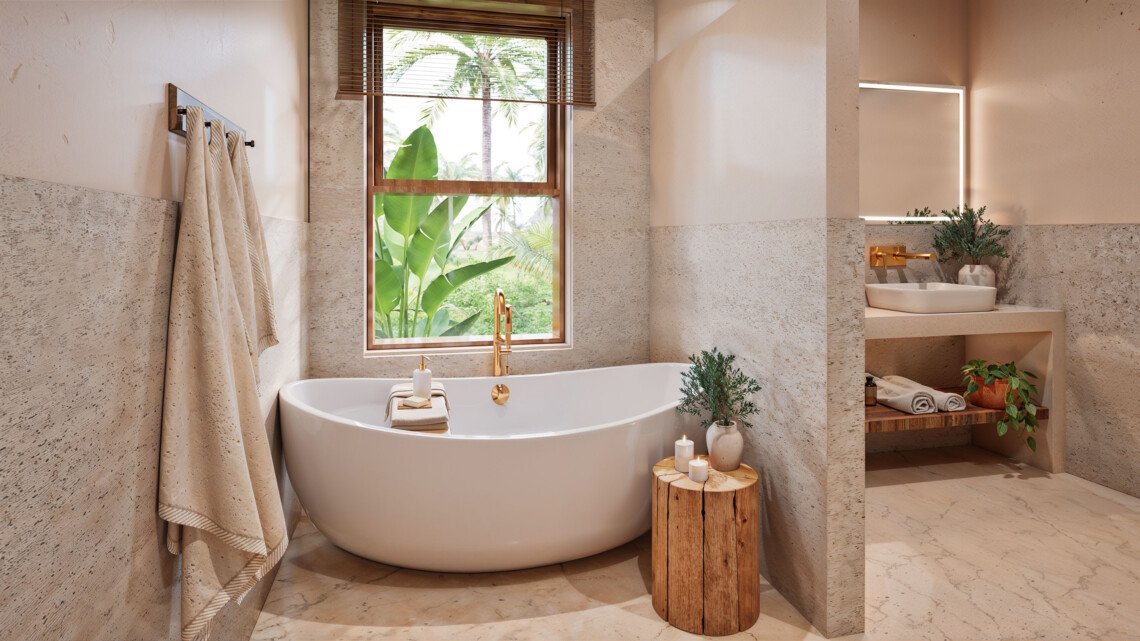 Architectural render of the bathroom with freestanding bathtub