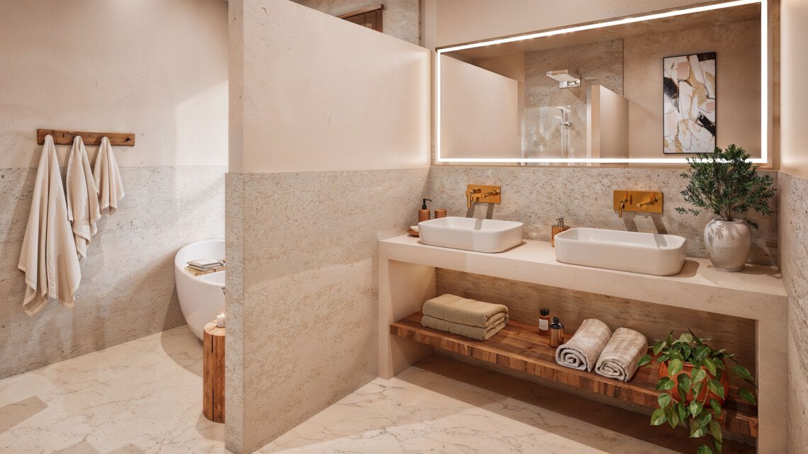 Architectural render of the bathroom with twin basins and walk-in shower