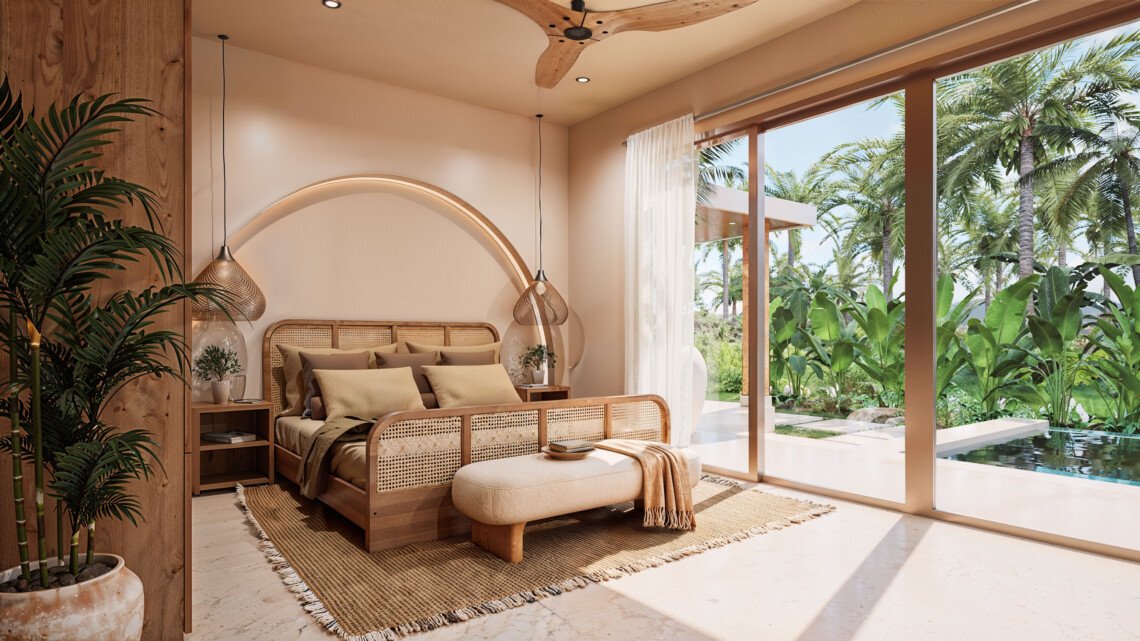 Architectural render of a bedroom with sliding glass doors beside the pool