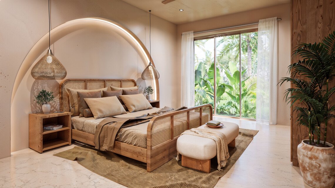 Architectural render of a bedroom with an arched feature wall