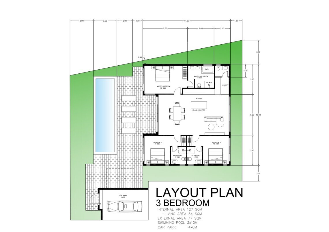 Floor plan of the three-bedroom villa showing room layout, pool, sala and covered parking