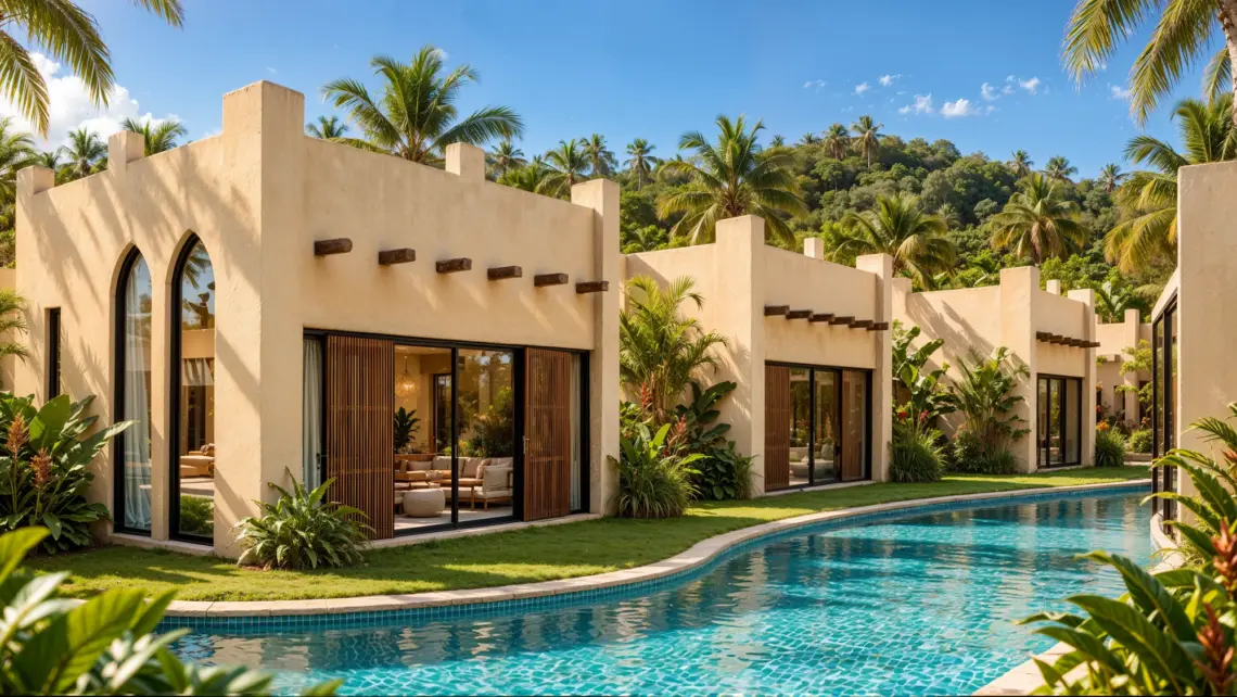Type 1 one-bedroom villa exterior and lagoon setting in Chaweng Noi, Koh Samui — architectural render