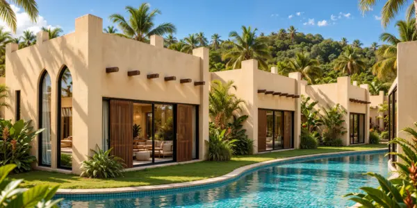 Type 1 one-bedroom villa exterior and lagoon setting in Chaweng Noi, Koh Samui — architectural render