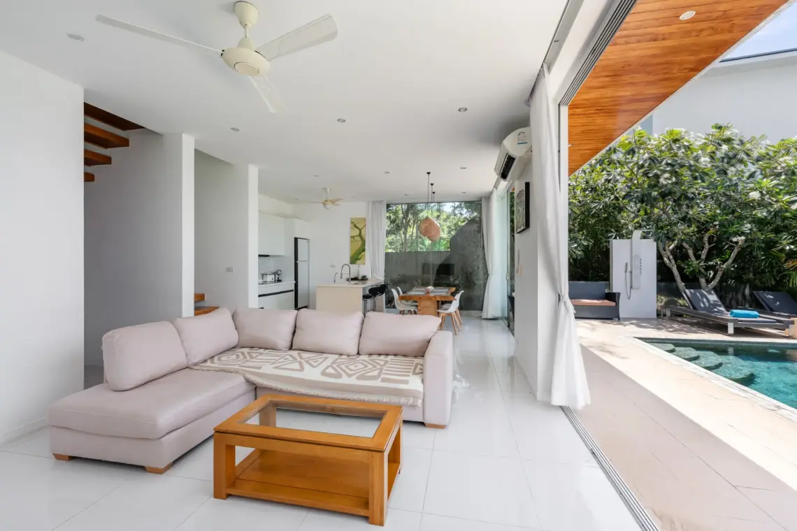 indoor outdoor living in a garden pool villa in Lamai