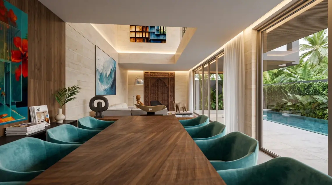 Architectural visualisation of dining and living in a proposed pool villa in Ban Tai, Koh Samui.