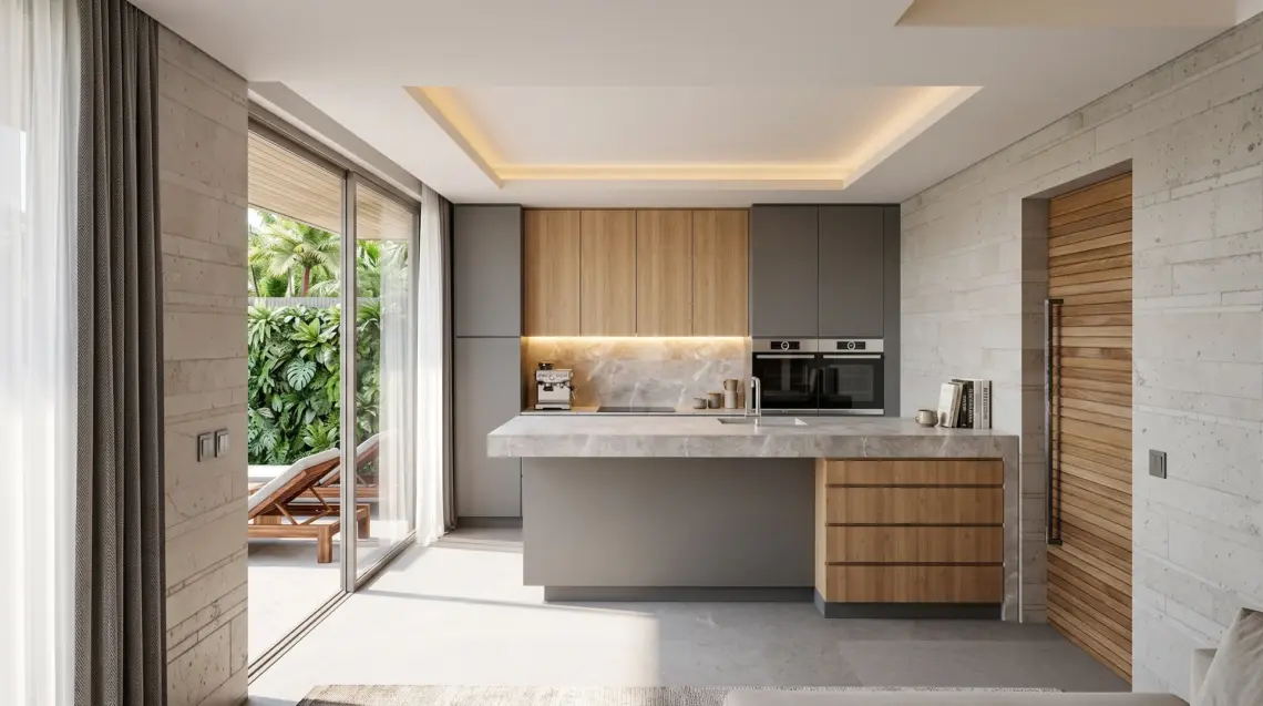 Architectural visualisation of kitchen in a proposed pool villa in Ban Tai, Koh Samui.