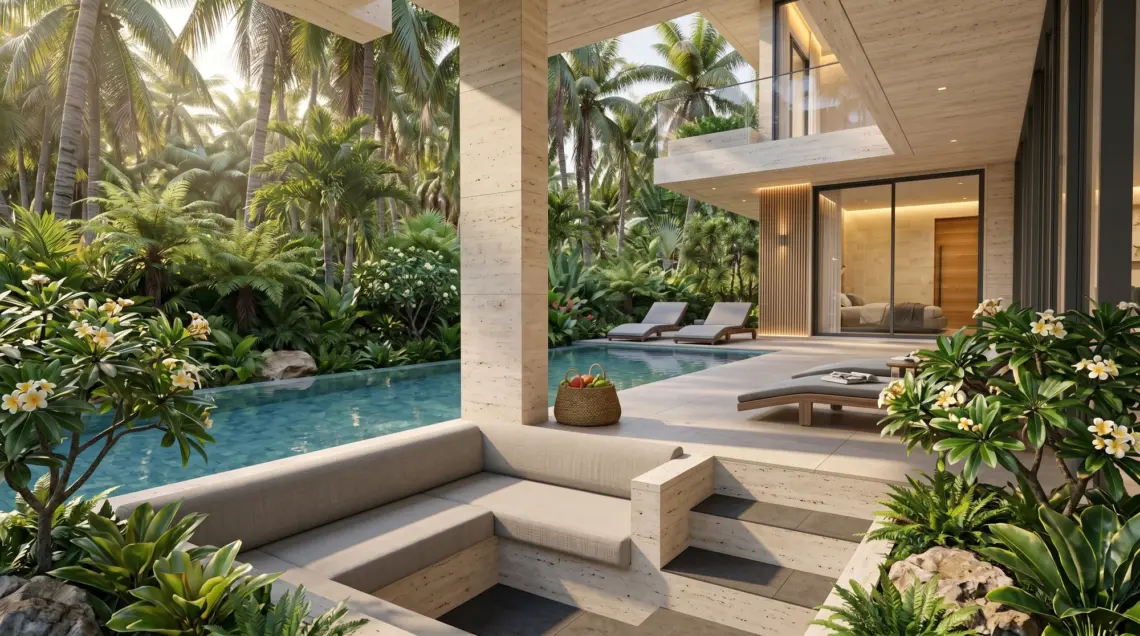 Architectural render of sunken poolside seating for the proposed 2 bedroom pool villas in Ban Tai, Koh Samui.