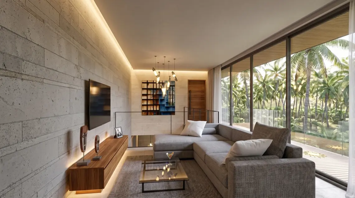 Architectural visualisation of upstairs lounge in a proposed pool villa in Ban Tai, Koh Samui.