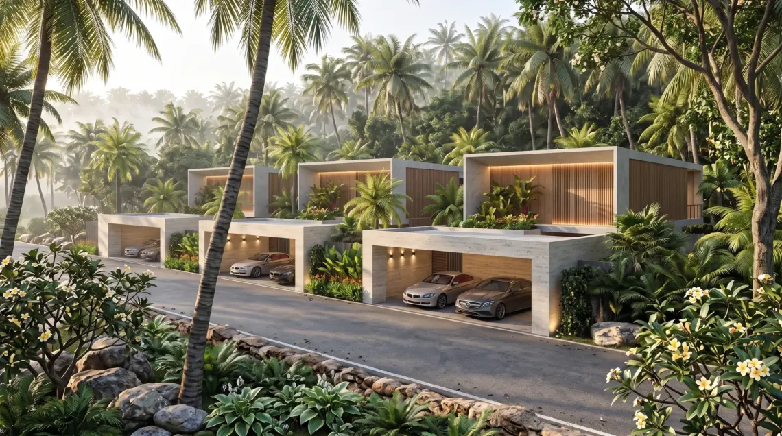 Architectural render of proposed streetscape for the proposed 2 bedroom pool villas in Ban Tai, Koh Samui.