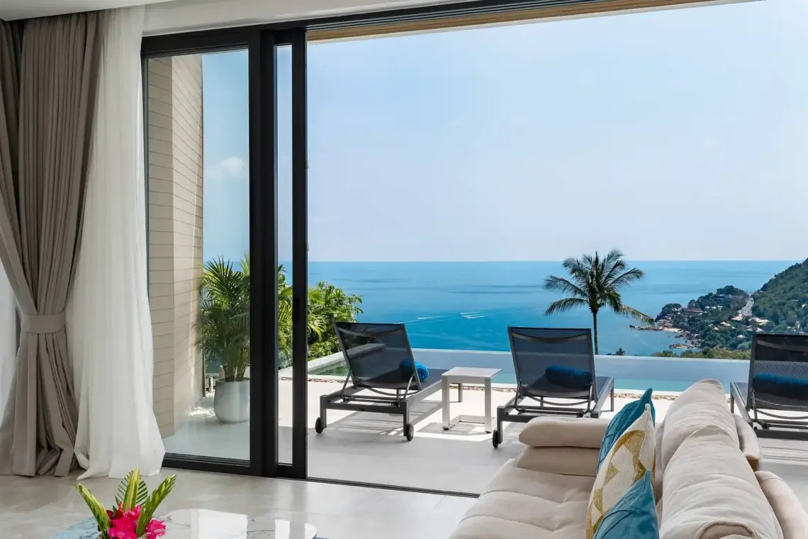 Sea views from the living room across the pool terrace