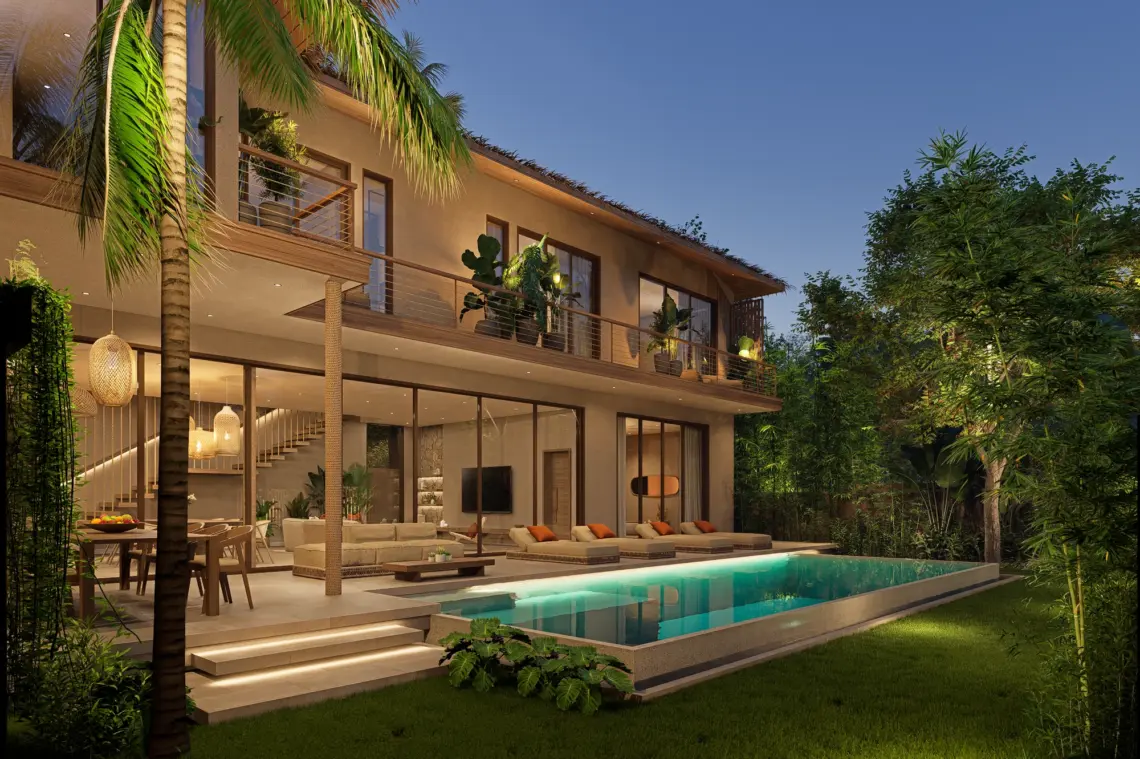 Contemporary luxury pool villa in Maenam, Koh Samui — evening exterior rendering