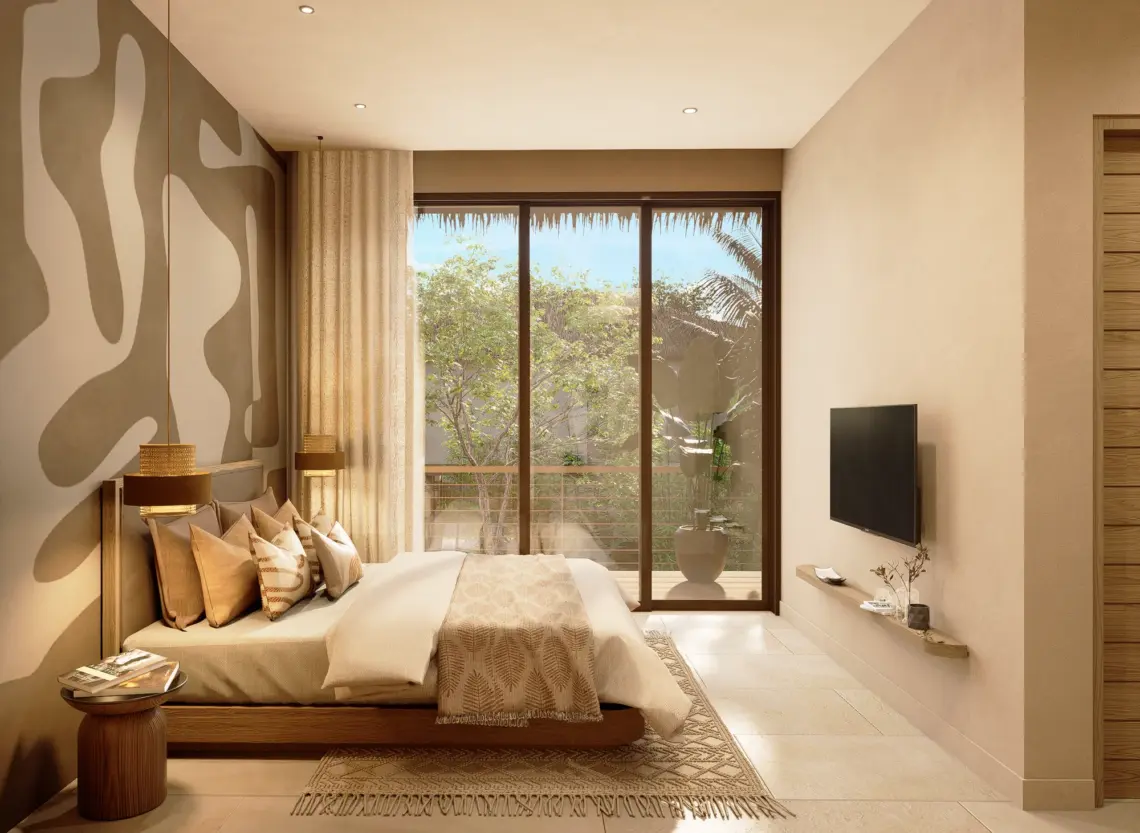 Contemporary luxury pool villa in Maenam, Koh Samui — bedroom interior rendering