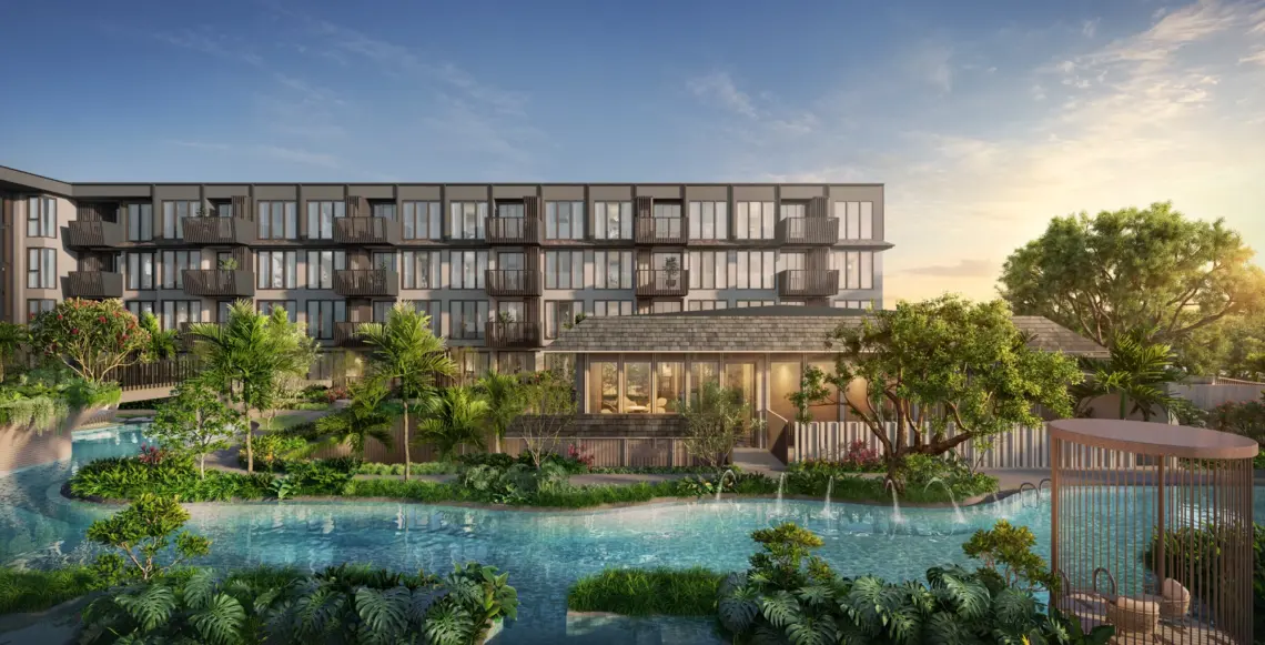 Artist’s impression: Communal lagoon pool and clubhouse at condos near Fisherman’s Village, Koh Samui