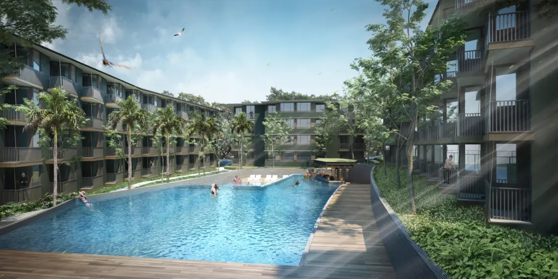 Communal pool and condominium buildings — architectural render