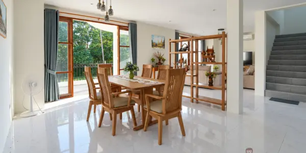 Dining room and stairs at the 4 bedroom pool villa in Plai Laem, Koh Samui