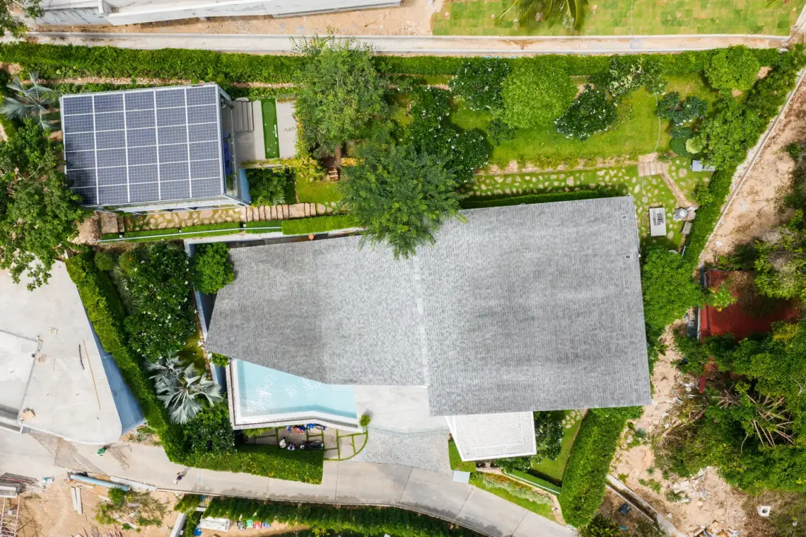 Aerial view of the villa roof and garden