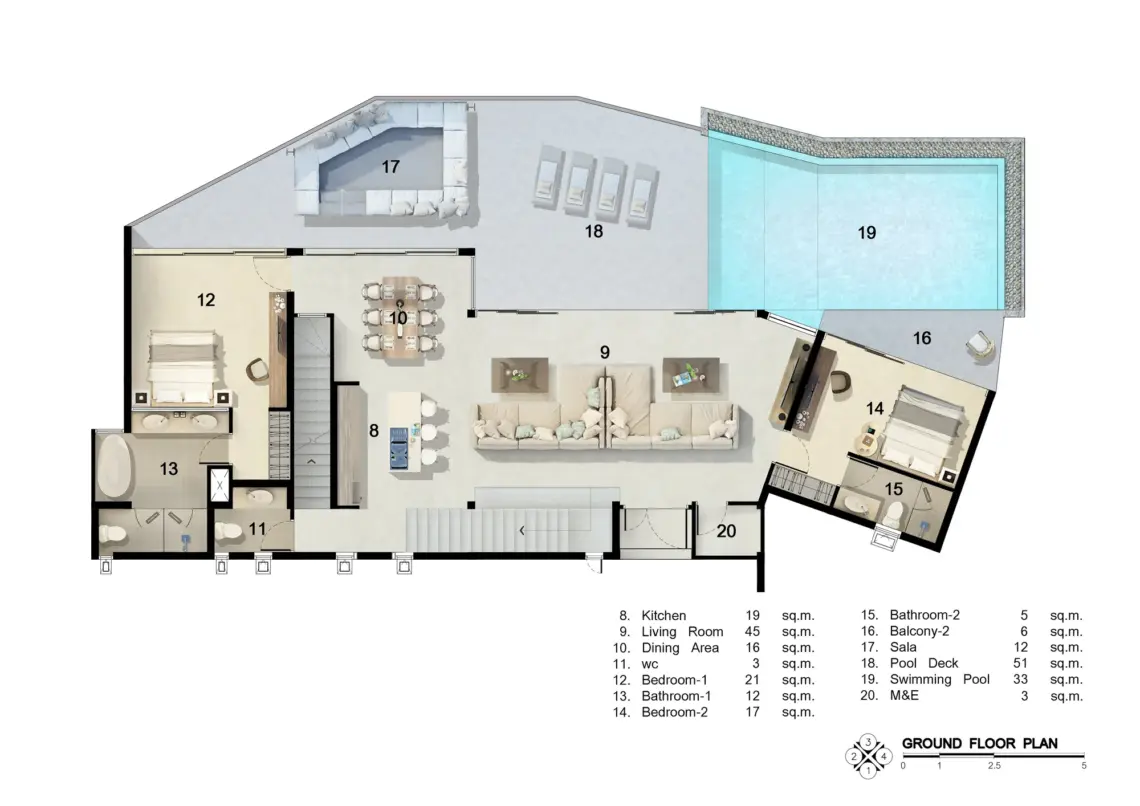 Ground floor plan with living areas and pool terrace