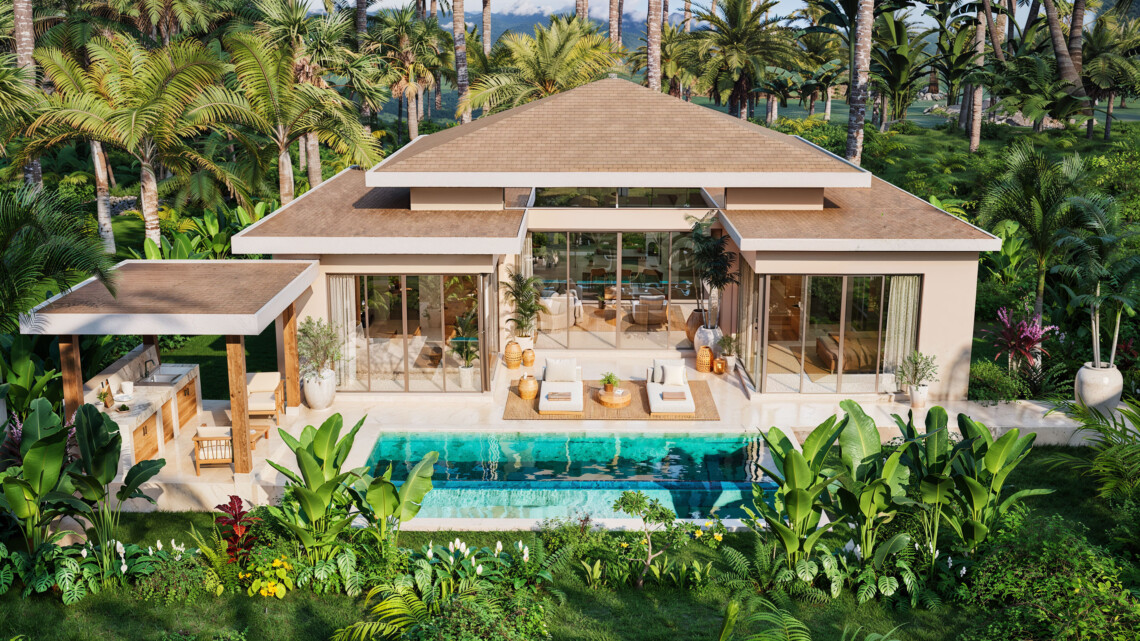 Elevated render of the two-bedroom villa with private pool and tropical garden