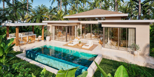 Angled exterior render of the two-bedroom villa, pool and terrace