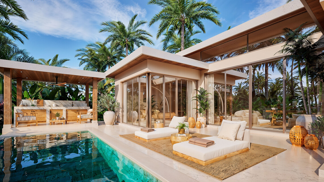 Poolside terrace with loungers beside the villa's glazed doors