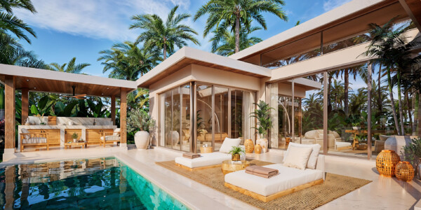 Poolside terrace with loungers beside the villa's glazed doors