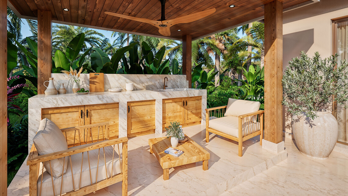 Covered poolside seating area with counter and sink