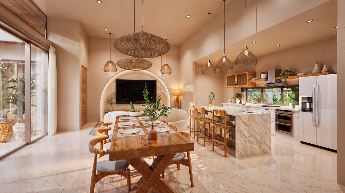 Open-plan dining area and kitchen with island counter