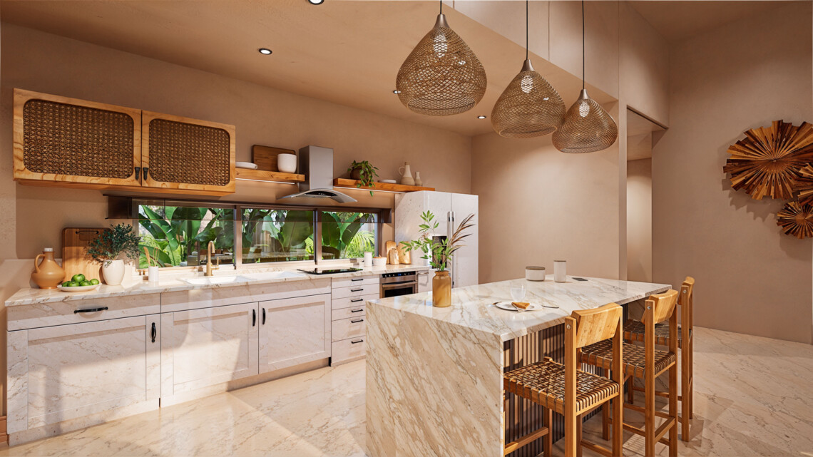 Kitchen render with island seating and a window above the worktop